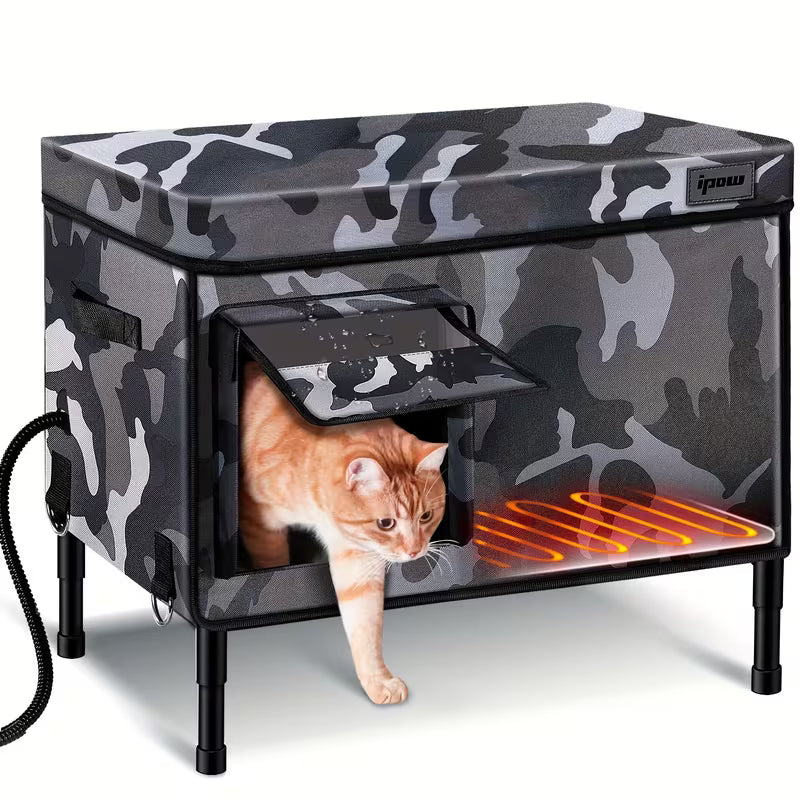 Pawjo 6-lags isoleret udendørs kattehus med opvarmet plysmåtte