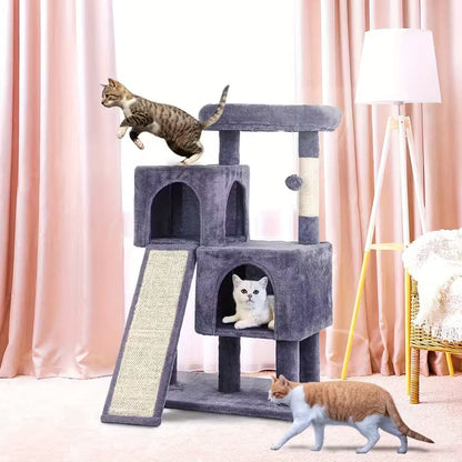 Pawjo 91 cm kattetårn i flere niveauer med dobbelte lejligheder, rampe og plys siddepind