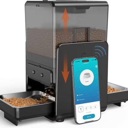 Pawjo Smart automatisk foderautomat til kæledyr med dobbelt skål, planlagte måltider og stemmeoptagelse